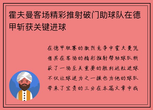 霍夫曼客场精彩推射破门助球队在德甲斩获关键进球