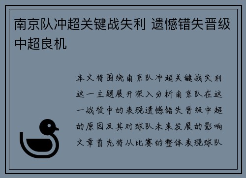 南京队冲超关键战失利 遗憾错失晋级中超良机